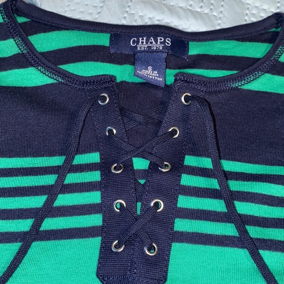 Chaps 100% Cotton long sleeve Henley top lace up green black stripe Small - Picture 7 of 9